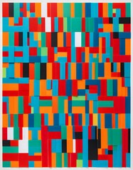 Fototapete - an abstract composition featuring a grid of overlapping rectangular shapes in various bright colors, including red, orange, yellow, green, blue, and black