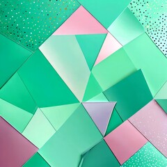 Aufkleber - a vibrant abstract composition of overlapping geometric shapes in various shades of mint green, pink, and white, with scattered gold polka dots
