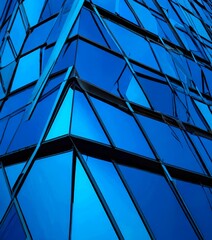 Poster - a close-up view modern building with a geometric design, featuring blue glass panels that reflect the surrounding environment