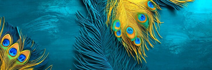 Fototapete - a close-up view of vibrant peacock feathers, showcasing their intricate patterns and vivid colors against a textured blue background.