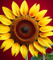 Poster - A close-up photograph vibrant sunflower, with its yellow petals and brown center, set against a deep red background