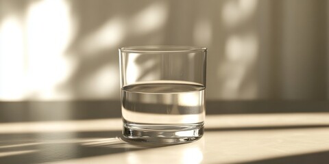 Poster - A clear glass of water sits on a sunlit surface. Gentle shadows create a calm atmosphere. This image captures simplicity and tranquility in everyday life. Ideal for lifestyle and wellness themes. AI