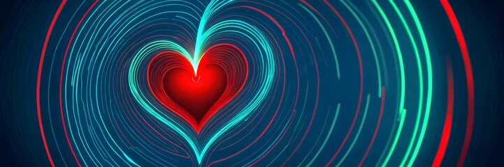 Leinwandbilder - A digital illustration heart-shaped spiral with a red center and green and blue lines radiating outwards, set against a dark blue background