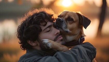 Morning embrace between a traveler and his dog, capturing love and companionship in soft light