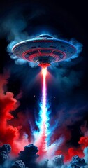 Poster - a futuristic, red and blue spaceship hovering above a dramatic cloudscape, with a bright orange trail emanating from the spaceship's engines