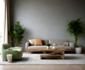 Poster - A modern living room with a gray sofa, green armchair, wooden coffee table, and two potted plants, set against a gray wall