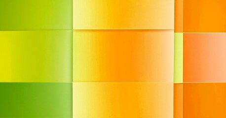 Poster - a vibrant abstract composition of overlapping rectangular shapes in various shades of green, yellow, orange, and pink, creating a dynamic and visually striking pattern