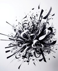Poster - a striking abstract composition of black and white shapes, including curved lines, sharp edges, and splashes of color, creating a dynamic and visually captivating scene