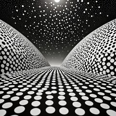 a surreal, abstract scene with a starry night sky and a geometric pattern of white dots and black lines, creating a sense of depth and perspective