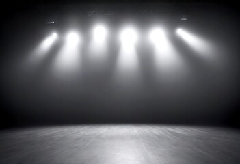 Leinwandbilder - A dimly lit stage with a wooden floor and a row of spotlights shining down on it, creating a dramatic and atmospheric scene