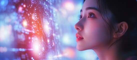 Canvas Print - Young woman gazing at a glowing digital display, futuristic concept.