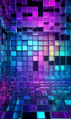 Aufkleber - A room with a grid-like pattern of multicolored cubes, creating a visually striking and abstract background