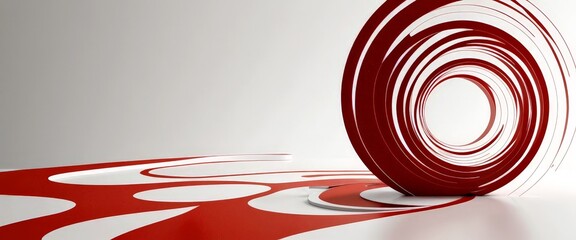 Poster - a red and white abstract sculpture with concentric circles, set against a plain white background