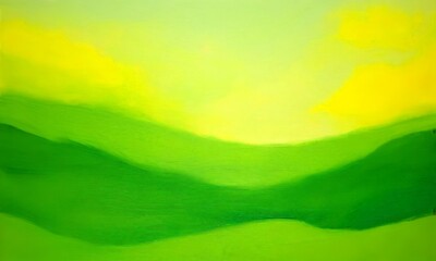 an abstract painting featuring a landscape with green and yellow hues, depicting rolling hills and a bright sky