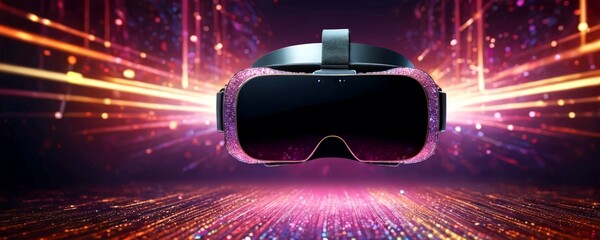 Poster - A pair of purple-framed virtual reality glasses with a black strap, set against a backdrop of colorful lights and a glittering floor