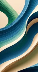 Poster - a vibrant abstract composition of overlapping curved lines in various shades of blue, green, and beige, creating a dynamic and visually striking pattern.