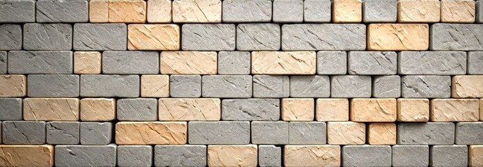Leinwandbilder - A close-up view brick wall composed of rectangular bricks in various shades of gray and beige, arranged in a staggered pattern