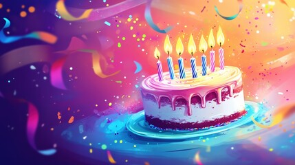 Colorful Birthday Cake with Candles and Confetti Celebration Illustration