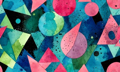 Fototapete - a vibrant abstract pattern composed of various geometric shapes and colors, including triangles, circles, and splashes of pink and blue