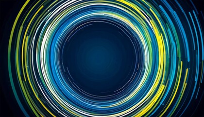 Fototapete - a dark blue background with a central circular design composed of concentric lines in various shades of blue, green, and yellow