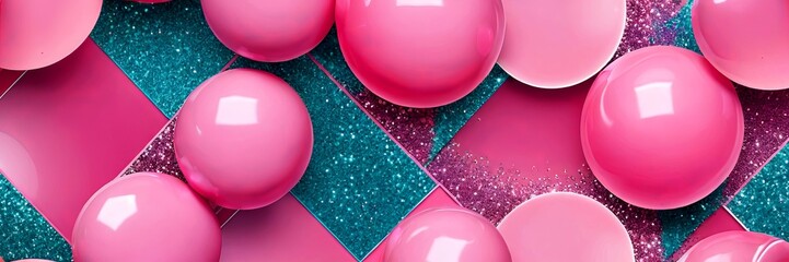 Poster - A vibrant display of pink and teal balloons, with glittery accents, creates a festive and celebratory atmosphere