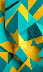 Poster - a vibrant abstract composition of overlapping triangular shapes in various shades of blue and yellow, creating a dynamic and visually striking pattern