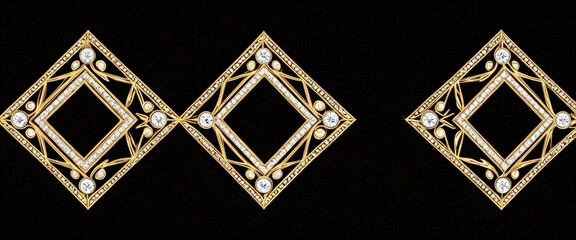 Poster - Three diamond-encrusted gold-framed diamond-shaped designs are arranged in a row against a black background