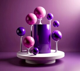 Poster - A purple cylinder with spheres of pink and purple on a white pedestal against a purple background