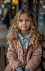 Poster - A young girl with long brown hair is sitting on a bench wearing a pink jacket. She has a big smile on her face and she is happy