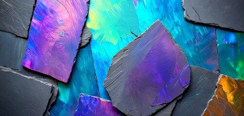 Aufkleber - a collection of multicolored, irregularly shaped stones or rocks, with a vibrant mix of blues, purples, greens, and yellows