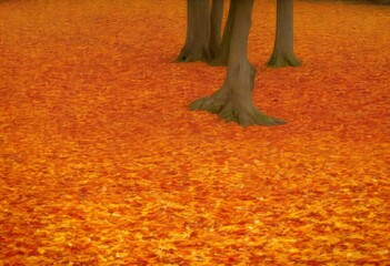 Poster - A tranquil autumn scene unfolds in a park, with a group of trees standing tall amidst a carpet of orange and yellow leaves The ground beneath the trees is a mosaic of
