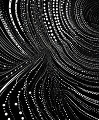 Poster - a striking black and white abstract composition featuring a swirling pattern of white dots and lines, creating a sense of movement and dynamism