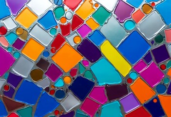 Fototapete - a vibrant mosaic composed of various colored tiles, including shades of blue, orange, yellow, and purple, arranged in a visually striking pattern
