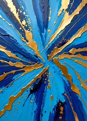 Fototapete - an abstract painting featuring a vibrant blue background with gold splashes and drips, creating a dynamic and energetic composition
