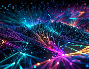 Poster - a digital illustration mountainous landscape, with a network of interconnected lines and dots in various colors, including blue, purple, green, and