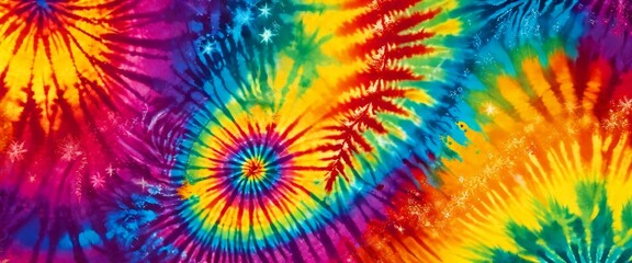 Fototapete - a vibrant tie-dye pattern with a spiral design in various colors, including red, yellow, blue, and green, against a dark background