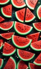 Poster - A vibrant collage of watermelon slices in various shades of red and green, arranged against a dark background with scattered white and green lights
