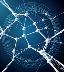 Leinwandbilder - a complex network of interconnected white spheres, resembling a molecular structure, set against a dark blue background
