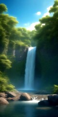 Poster - A serene waterfall cascades down a rocky cliff, surrounded by lush greenery and set against a clear blue sky