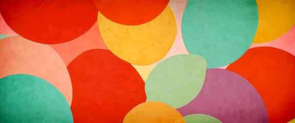 Poster - a vibrant abstract composition of overlapping circles in various pastel colors, including red, orange, yellow, green, blue, and pink, creating a visually striking and