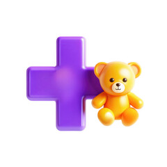 Poster - A vibrant toy bear in orange color sitting next to a purple plus sign. The design is playful and suitable for children. Perfect for fun and creativity.
