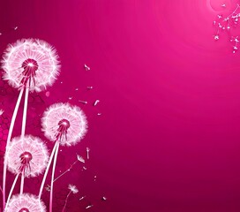 Poster - a vibrant pink background with dandelion-like flowers in the foreground, their delicate petals and stems creating a sense of movement and natural beauty
