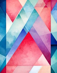 Poster - a vibrant abstract composition of overlapping triangles in various shades of pink, blue, and green, creating a dynamic and visually striking pattern
