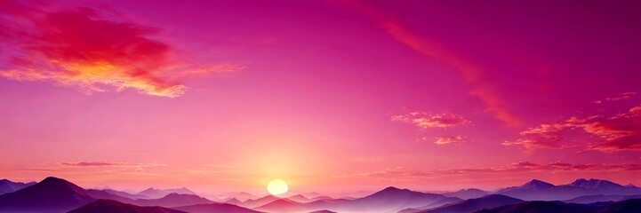 Poster - A breathtaking sunset over a mountainous landscape, with the sun partially obscured by clouds and casting a warm, golden glow across the scene