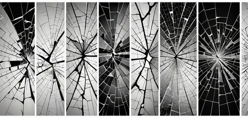 Leinwandbilder - a collage of six black and white photographs depicting the intricate patterns and cracks of broken glass