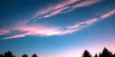 Poster - A starry night sky with pink and blue clouds, and silhouetted trees in the foreground