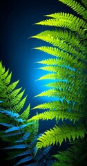 Poster - a close-up view of fern fronds against a dark blue background, with the ferns appearing to be in motion