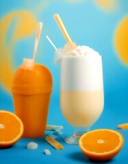 Aufkleber - Two orange-colored drinks with straws and whipped cream are displayed on a blue background, accompanied by orange slices