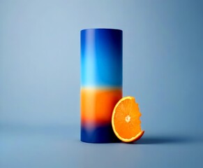 Poster - A blue cylindrical object with a gradient of orange and blue colors, accompanied by a halved orange fruit, is set against a light blue background