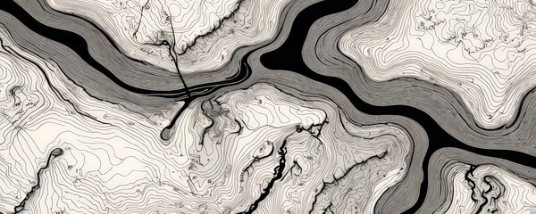 Leinwandbilder - a striking black and white representation of a topographical map, featuring a complex network of contours and lines that create a sense of depth and movement.